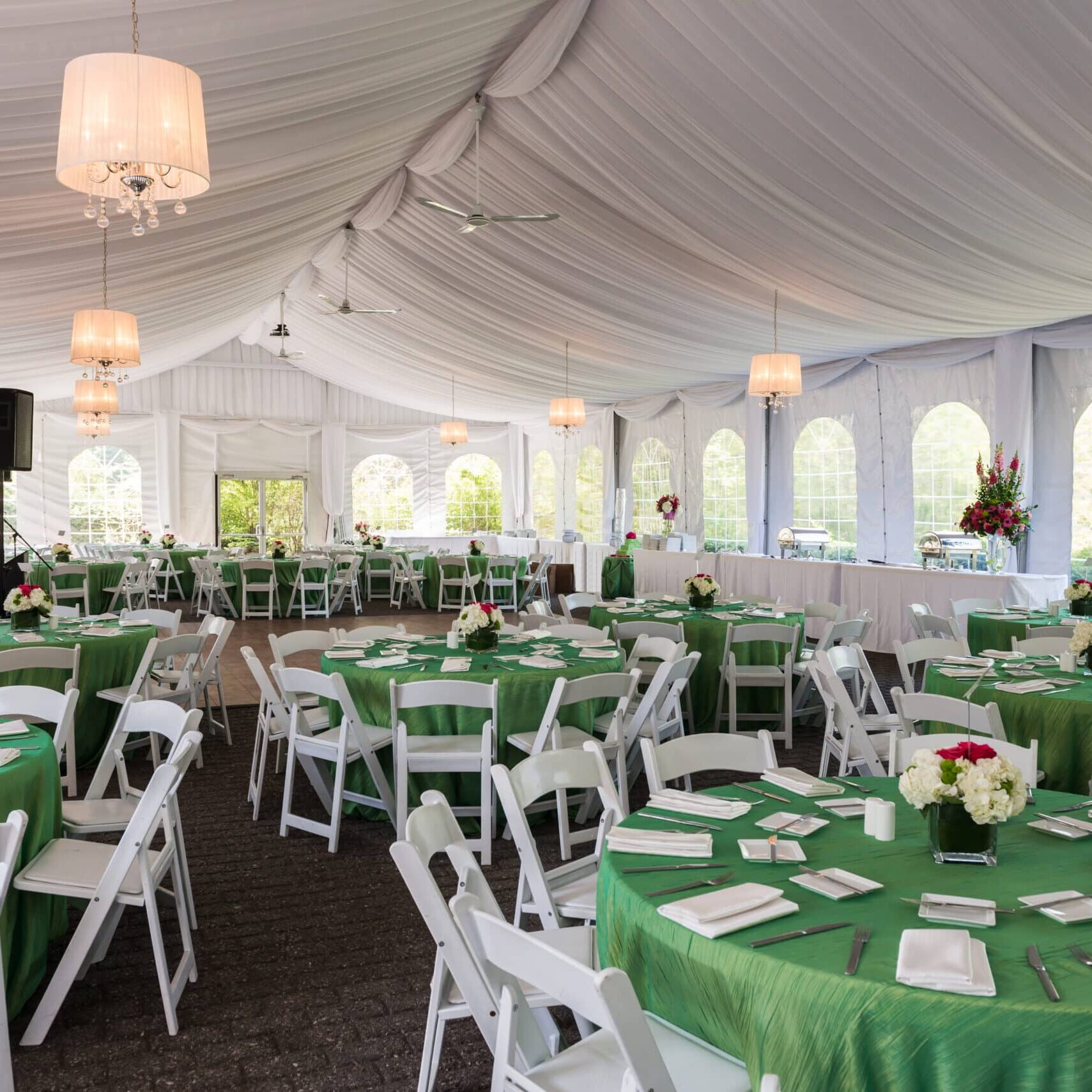Corporate party table chairs tent and walls