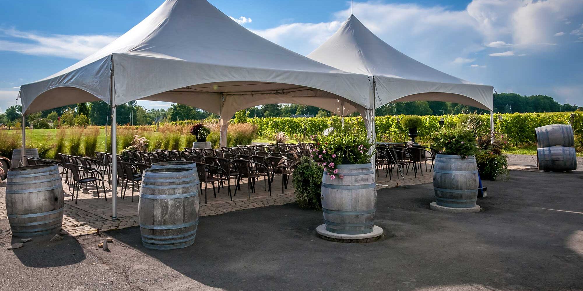 Tent rental for outdoor event party with wine barrels